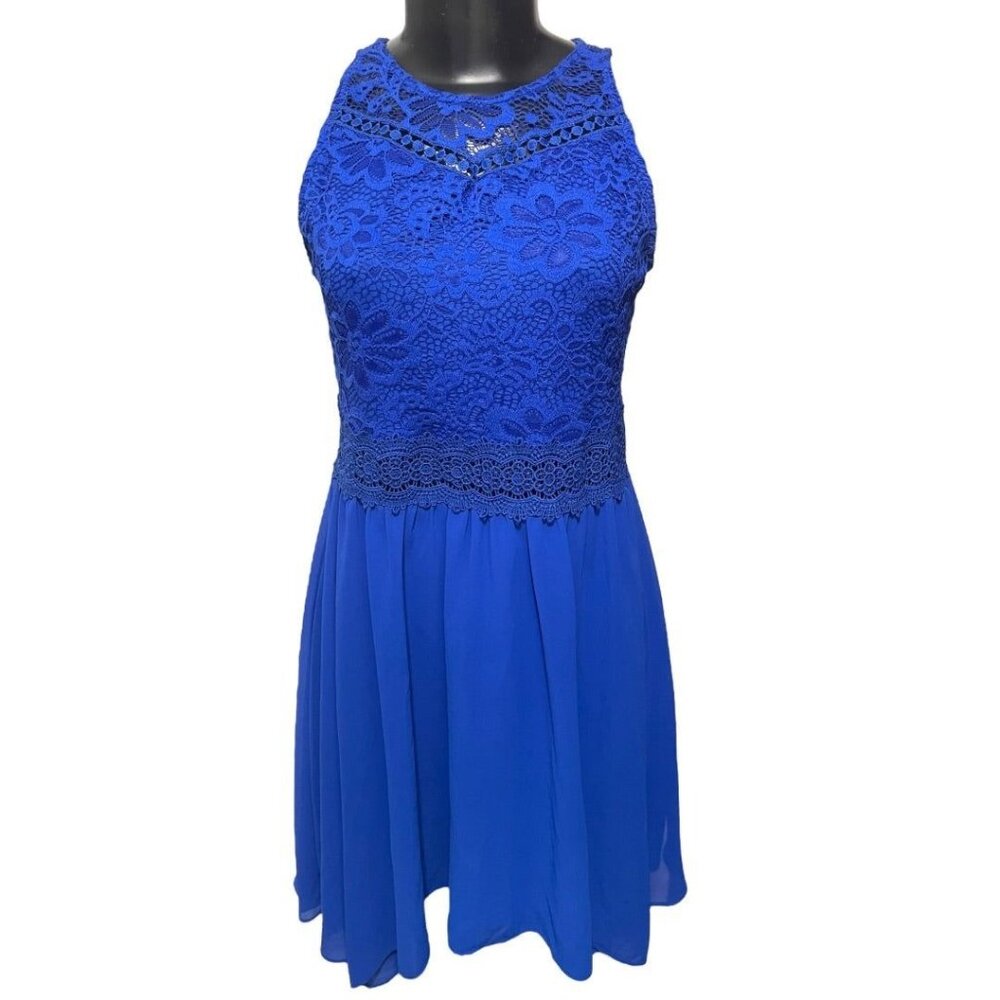Size 16 Amy Byer Girls Royal Blue A-Line Dress Lace Bodice Sleeveless